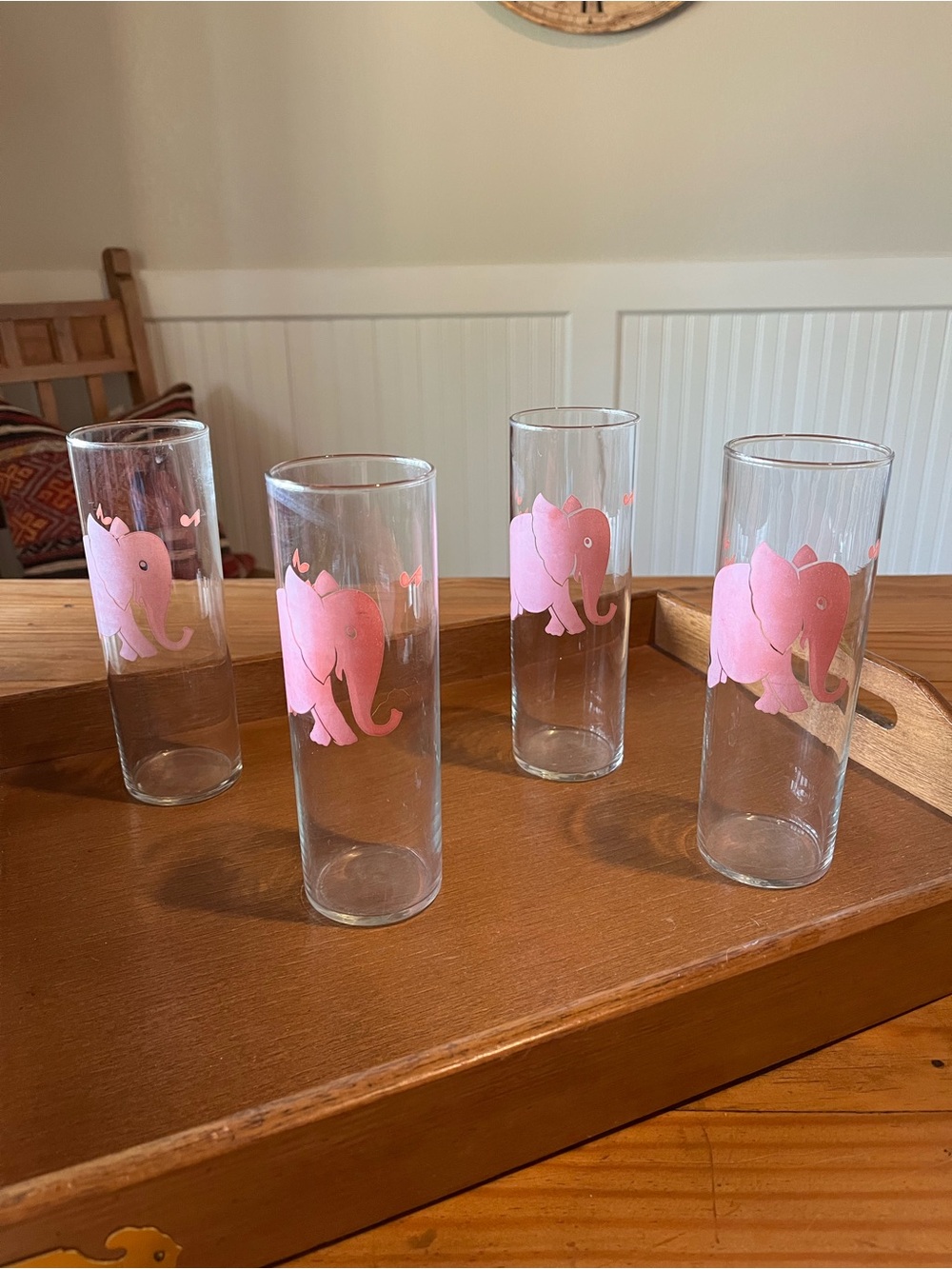 Vintage Dancing Pink Elephant Highball Glasses Set of 4